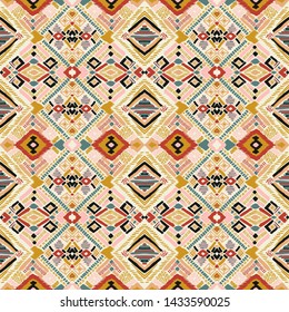 Tribal vector ornament. Seamless African pattern. Ethnic carpet with chevrons. Aztec style. Geometric mosaic on the tile, majolica. Ancient interior. Modern rug. Geo print on textile. Kente Cloth.