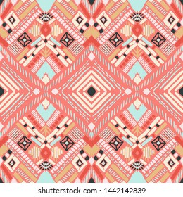 Tribal vector ornament. Seamless African pattern. Ethnic carpet with chevrons. Aztec style. Geometric mosaic on the tile, majolica. Ancient interior. Modern rug. Geo print on textile. Kente Cloth.