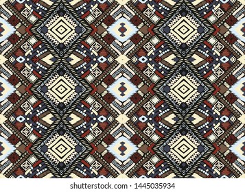 Tribal vector ornament. Seamless African pattern. Ethnic carpet with chevrons. Aztec style. Geometric mosaic on the tile, majolica. Ancient interior. Modern rug. Geo print on textile. Kente Cloth.