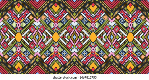 Tribal vector ornament. Seamless African pattern. Ethnic carpet with chevrons. Aztec style. Geometric mosaic on the tile, majolica. Ancient interior. Modern rug. Geo print on textile. Kente Cloth.