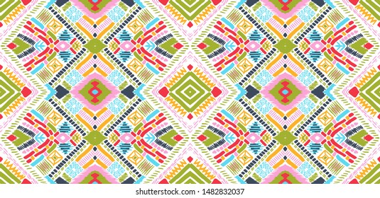 Tribal vector ornament. Seamless African pattern. Ethnic carpet with chevrons. Aztec style. Geometric mosaic on the tile, majolica. Ancient interior. Modern rug. Geo print on textile. Kente Cloth.