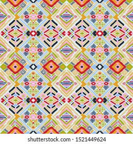 Tribal vector ornament. Seamless African pattern. Ethnic carpet with chevrons. Aztec style. Geometric mosaic on the tile, majolica. Ancient interior. Modern rug. Geo print on textile. Kente Cloth.