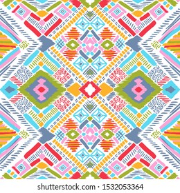 Tribal vector ornament. Seamless African pattern. Ethnic carpet with chevrons. Aztec style. Geometric mosaic on the tile, majolica. Ancient interior. Modern rug. Geo print on textile. Kente Cloth.