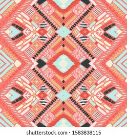 Tribal vector ornament. Seamless African pattern. Ethnic carpet with chevrons. Aztec style. Geometric mosaic on the tile, majolica. Ancient interior. Modern rug. Geo print on textile. Kente Cloth.