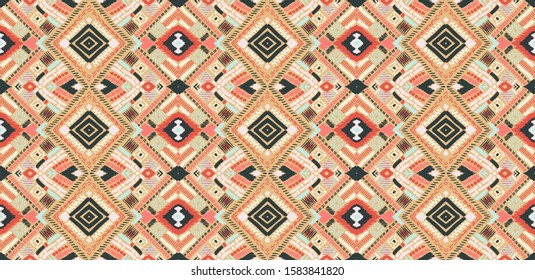 Tribal vector ornament. Seamless African pattern. Ethnic carpet with chevrons. Aztec style. Geometric mosaic on the tile, majolica. Ancient interior. Modern rug. Geo print on textile. Kente Cloth.
