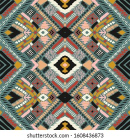 Tribal vector ornament. Seamless African pattern. Ethnic carpet with chevrons. Aztec style. Geometric mosaic on the tile, majolica. Ancient interior. Modern rug. Geo print on textile. Kente Cloth.