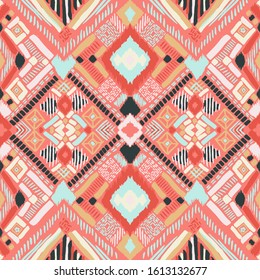 Tribal vector ornament. Seamless African pattern. Ethnic carpet with chevrons. Aztec style. Geometric mosaic on the tile, majolica. Ancient interior. Modern rug. Geo print on textile. Kente Cloth.
