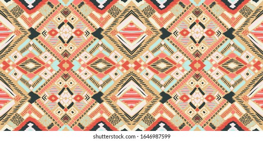 Tribal vector ornament. Seamless African pattern. Ethnic carpet with chevrons. Aztec style. Geometric mosaic on the tile, majolica. Ancient interior. Modern rug. Geo print on textile. Kente Cloth.