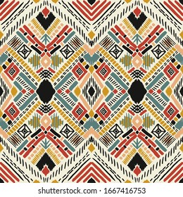 Tribal vector ornament. Seamless African pattern. Ethnic carpet with chevrons. Aztec style. Geometric mosaic on the tile, majolica. Ancient interior. Modern rug. Geo print on textile. Kente Cloth.