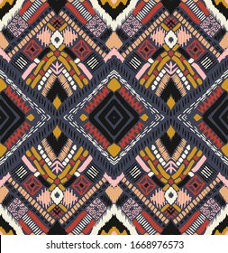 Tribal vector ornament. Seamless African pattern. Ethnic carpet with chevrons. Aztec style. Geometric mosaic on the tile, majolica. Ancient interior. Modern rug. Geo print on textile. Kente Cloth.