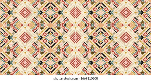 Tribal vector ornament. Seamless African pattern. Ethnic carpet with chevrons. Aztec style. Geometric mosaic on the tile, majolica. Ancient interior. Modern rug. Geo print on textile. Kente Cloth.