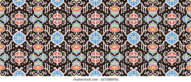 Tribal vector ornament. Seamless African pattern. Ethnic carpet with chevrons. Aztec style. Geometric mosaic on the tile, majolica. Ancient interior. Asian rug. Geo print on textile. Kente Cloth.