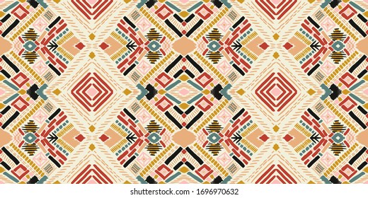 Tribal vector ornament. Seamless African pattern. Ethnic carpet with chevrons. Aztec style. Geometric mosaic on the tile, majolica. Ancient interior. Modern rug. Geo print on textile. Kente Cloth.