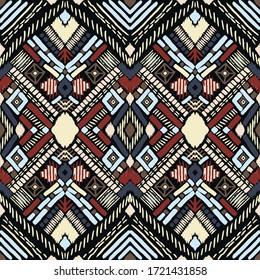 Tribal vector ornament. Seamless African pattern. Ethnic carpet with chevrons. Aztec style. Geometric mosaic on the tile, majolica. Ancient interior. Modern rug. Geo print on textile. Kente Cloth.