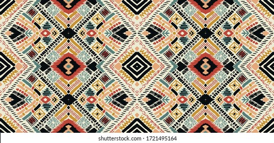 Tribal vector ornament. Seamless African pattern. Ethnic carpet with chevrons. Aztec style. Geometric mosaic on the tile, majolica. Ancient interior. Modern rug. Geo print on textile. Kente Cloth.