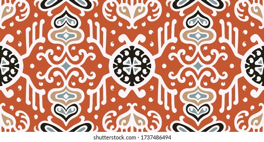 Tribal vector ornament. Seamless African pattern. Ethnic carpet with chevrons. Aztec style. Geometric mosaic on the tile, majolica. Ancient interior. Asian rug. Geo print on textile. Kente Cloth.