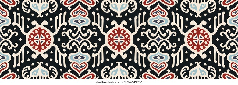 Tribal vector ornament. Seamless African pattern. Ethnic carpet with chevrons. Aztec style. Geometric mosaic on the tile, majolica. Ancient interior. Asian rug. Geo print on textile. Kente Cloth.