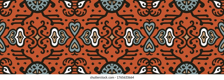 Tribal vector ornament. Seamless African pattern. Ethnic carpet with chevrons. Aztec style. Geometric mosaic on the tile, majolica. Ancient interior. Asian rug. Geo print on textile. Kente Cloth.