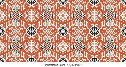 Tribal vector ornament. Seamless African pattern. Ethnic carpet with chevrons. Aztec style. Geometric mosaic on the tile, majolica. Ancient interior. Asian rug. Geo print on textile. Kente Cloth.
