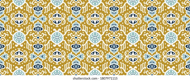 Tribal vector ornament. Seamless African pattern. Ethnic carpet with chevrons. Aztec style. Geometric mosaic on the tile, majolica. Ancient interior. Asian rug. Geo print on textile. Kente Cloth.
