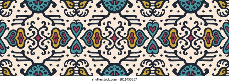 Tribal vector ornament. Seamless African pattern. Ethnic carpet with chevrons. Aztec style. Geometric mosaic on the tile, majolica. Ancient interior. Asian rug. Geo print on textile. Kente Cloth.