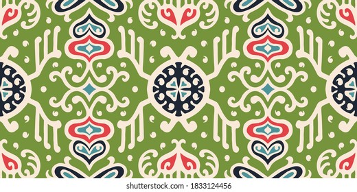 Tribal vector ornament. Seamless African pattern. Ethnic carpet with chevrons. Aztec style. Geometric mosaic on the tile, majolica. Ancient interior. Asian rug. Geo print on textile. Kente Cloth.