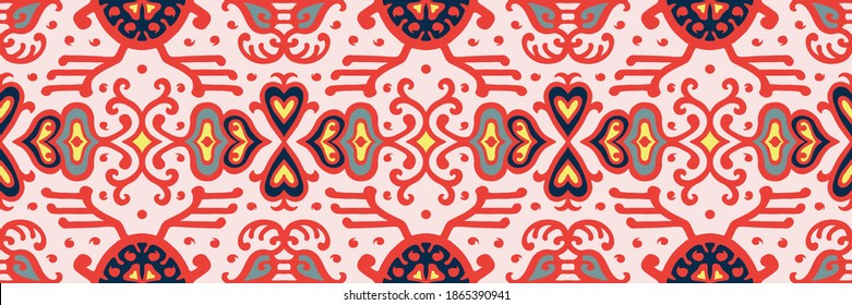 Tribal vector ornament. Seamless African pattern. Ethnic carpet with chevrons. Aztec style. Geometric mosaic on the tile, majolica. Ancient interior. Asian rug. Geo print on textile. Kente Cloth.