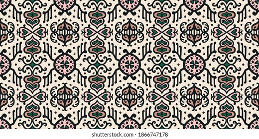 Tribal vector ornament. Seamless African pattern. Ethnic carpet with chevrons. Aztec style. Geometric mosaic on the tile, majolica. Ancient interior. Asian rug. Geo print on textile. Kente Cloth.