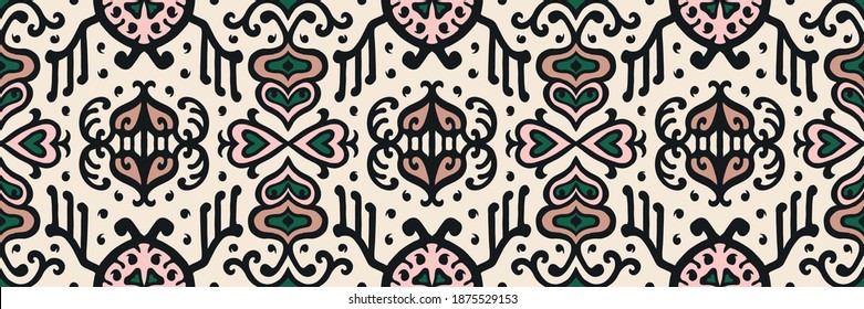 Tribal vector ornament. Seamless African pattern. Ethnic carpet with chevrons. Aztec style. Geometric mosaic on the tile, majolica. Ancient interior. Asian rug. Geo print on textile. Kente Cloth.