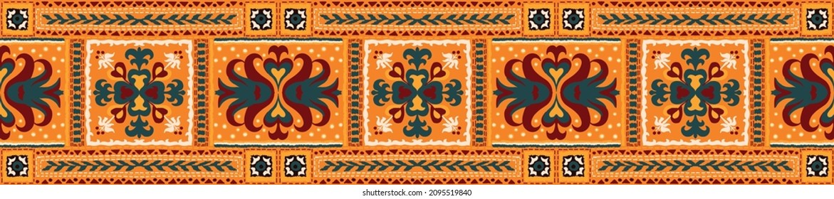 Tribal vector ornament. Seamless African pattern. Ethnic carpet with chevrons. Aztec style. Geometric mosaic on the tile, majolica. Ancient interior. Modern rug. Geo print on textile. Kente Cloth.