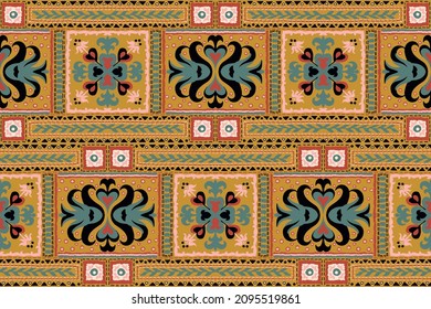 Tribal vector ornament. Seamless African pattern. Ethnic carpet with chevrons. Aztec style. Geometric mosaic on the tile, majolica. Ancient interior. Modern rug. Geo print on textile. Kente Cloth.
