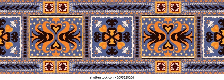 Tribal vector ornament. Seamless African pattern. Ethnic carpet with chevrons. Aztec style. Geometric mosaic on the tile, majolica. Ancient interior. Modern rug. Geo print on textile. Kente Cloth.
