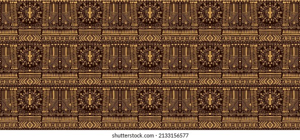 Tribal vector ornament. Seamless African pattern. Ethnic carpet with chevrons. Aztec style. Geometric mosaic on the tile, majolica. Ancient interior. Modern rug. Geo print on textile. Kente Cloth.