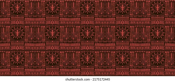 Tribal vector ornament. Seamless African pattern. Ethnic carpet with chevrons. Aztec style. Geometric mosaic on the tile, majolica. Ancient interior. Modern rug. Geo print on textile. Kente Cloth.