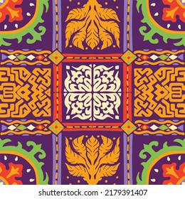 Tribal vector ornament. Seamless African pattern. Ethnic carpet with chevrons. Aztec style. Geometric mosaic on the tile, majolica. Ancient interior. Modern rug. Geo print on textile. Kente Cloth.