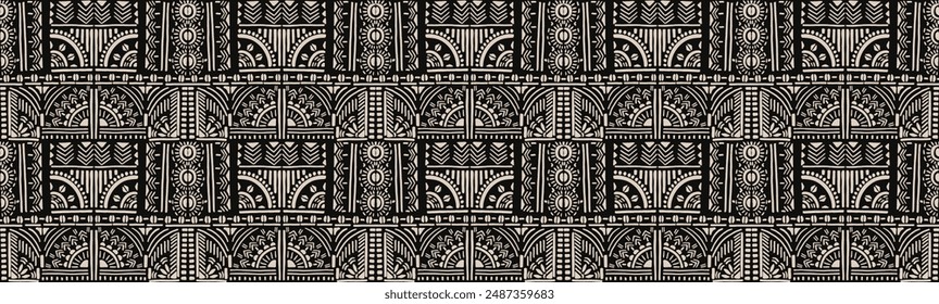 Tribal vector ornament. Seamless African pattern. Ethnic carpet with chevrons. Aztec style. Geometric mosaic on the tile, majolica. Ancient interior. Modern rug. Geo print on textile. Kente Cloth.