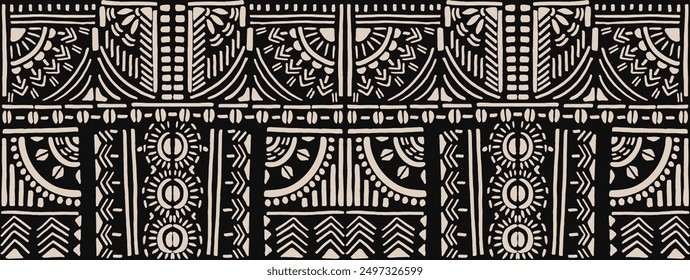 Tribal vector ornament. Seamless African pattern. Ethnic carpet with chevrons. Aztec style. Geometric mosaic on the tile, majolica. Ancient interior. Modern rug. Geo print on textile. Kente Cloth.