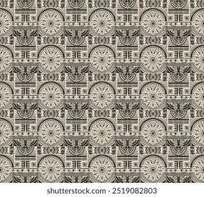 Stammesvektorornament. Nahtloses afrikanisches Muster. Ethnischer Teppich mit Chevrons. Aztekenstil. Geometrisches Mosaik auf der Fliese, Majolika. Antikes Interieur. Moderner Teppich. Geo-Print auf Textilien. Kente Cloth.