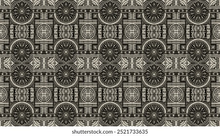 Ornamento vetorial tribal. Padrão africano perfeito. Tapete étnico com divisas. Estilo asteca. Mosaico geométrico na telha, majolica. Interior antigo. Tapete moderno. Impressão geográfica sobre têxteis. Kente Cloth.