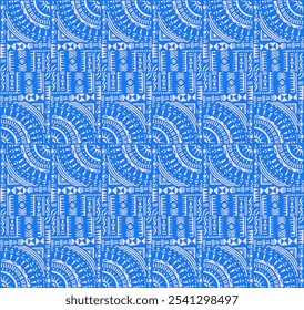 Tribal vector ornament. Seamless African pattern. Ethnic carpet with circle, wave. Aztec style. Geometric mosaic on the tile, majolica. Ancient interior. Modern rug. Geo print on textile. Kente Cloth.