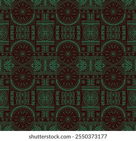 Tribal vector ornament. Seamless African pattern. Ethnic carpet with chevrons. Aztec style. Geometric mosaic on the tile, majolica. Ancient interior. Modern rug. Geo print on textile. Kente Cloth.