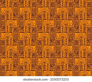 Tribal vector ornament. Seamless African pattern. Ethnic carpet with chevrons. Aztec style. Geometric mosaic on the tile, majolica. Ancient interior. Modern rug. Geo print on textile. Kente Cloth.