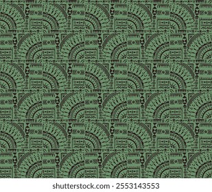 Tribal vector ornament. Seamless African pattern. Ethnic carpet with chevrons. Aztec style. Geometric mosaic on the tile, majolica. Ancient interior. Modern rug. Geo print on textile. Kente Cloth.