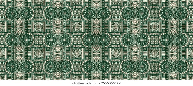 Tribal vector ornament. Seamless African pattern. Ethnic carpet with circle, wave. Aztec style. Geometric mosaic on the tile, majolica. Ancient interior. Modern rug. Geo print on textile. Kente Cloth.