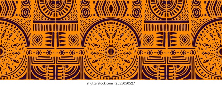 Tribal vector ornament. Seamless African pattern. Ethnic carpet with circle, wave. Aztec style. Geometric mosaic on the tile, majolica. Ancient interior. Modern rug. Geo print on textile. Kente Cloth.