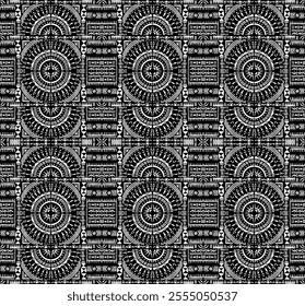 Tribal vector ornament. Seamless African pattern. Ethnic carpet with circle, wave. Aztec style. Geometric mosaic on the tile, majolica. Ancient interior. Modern rug. Geo print on textile. Kente Cloth.
