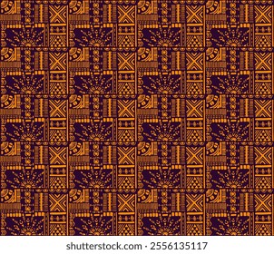 Tribal vector ornament. Seamless African pattern. Ethnic carpet with chevrons. Aztec style. Geometric mosaic on the tile, majolica. Ancient interior. Modern rug. Geo print on textile. Kente Cloth.