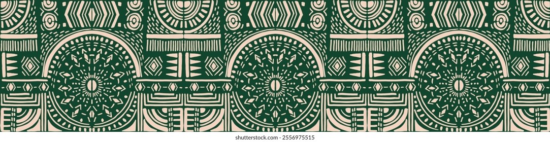 Tribal vector ornament. Seamless African pattern. Ethnic carpet with circle, wave. Aztec style. Geometric mosaic on the tile, majolica. Ancient interior. Modern rug. Geo print on textile. Kente Cloth.