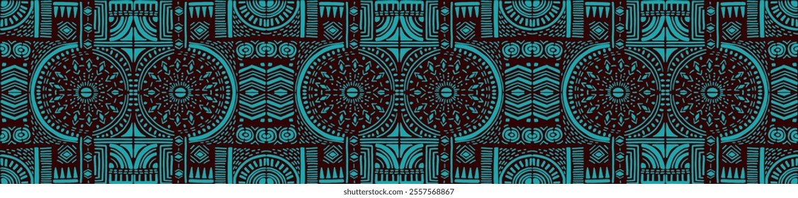 Tribal vector ornament. Seamless African pattern. Ethnic carpet with circle, wave. Aztec style. Geometric mosaic on the tile, majolica. Ancient interior. Modern rug. Geo print on textile. Kente Cloth.