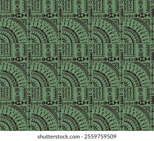 Tribal vector ornament. Seamless African pattern. Ethnic carpet with circle, wave. Aztec style. Geometric mosaic on the tile, majolica. Ancient interior. Modern rug. Geo print on textile. Kente Cloth.